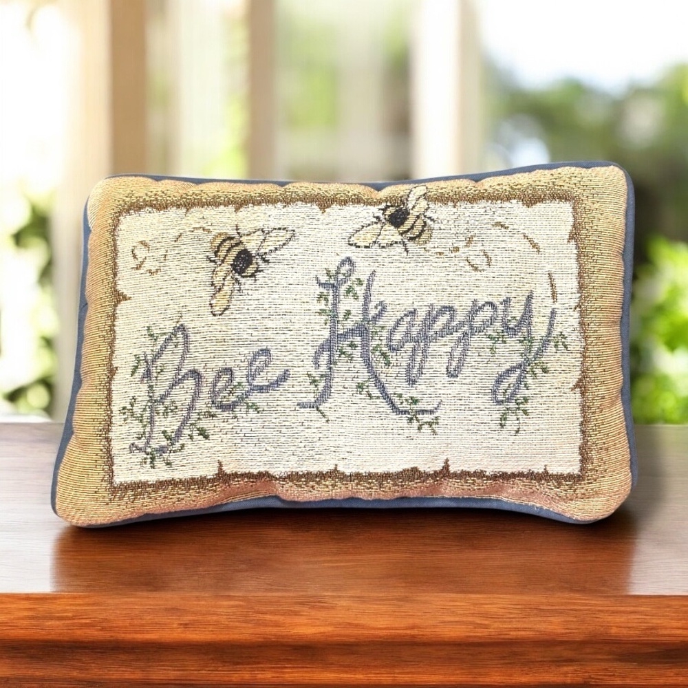 Small “Bee Happy” decorative tapestry accent pillow. 11 x 7”